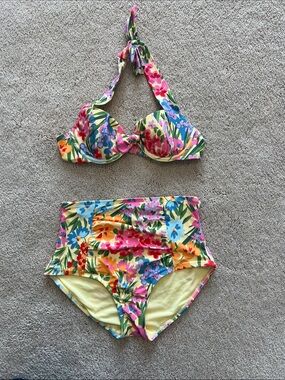 Adore Me Yellow Floral High-Waist Bikini Set - Pink, Blue, Green